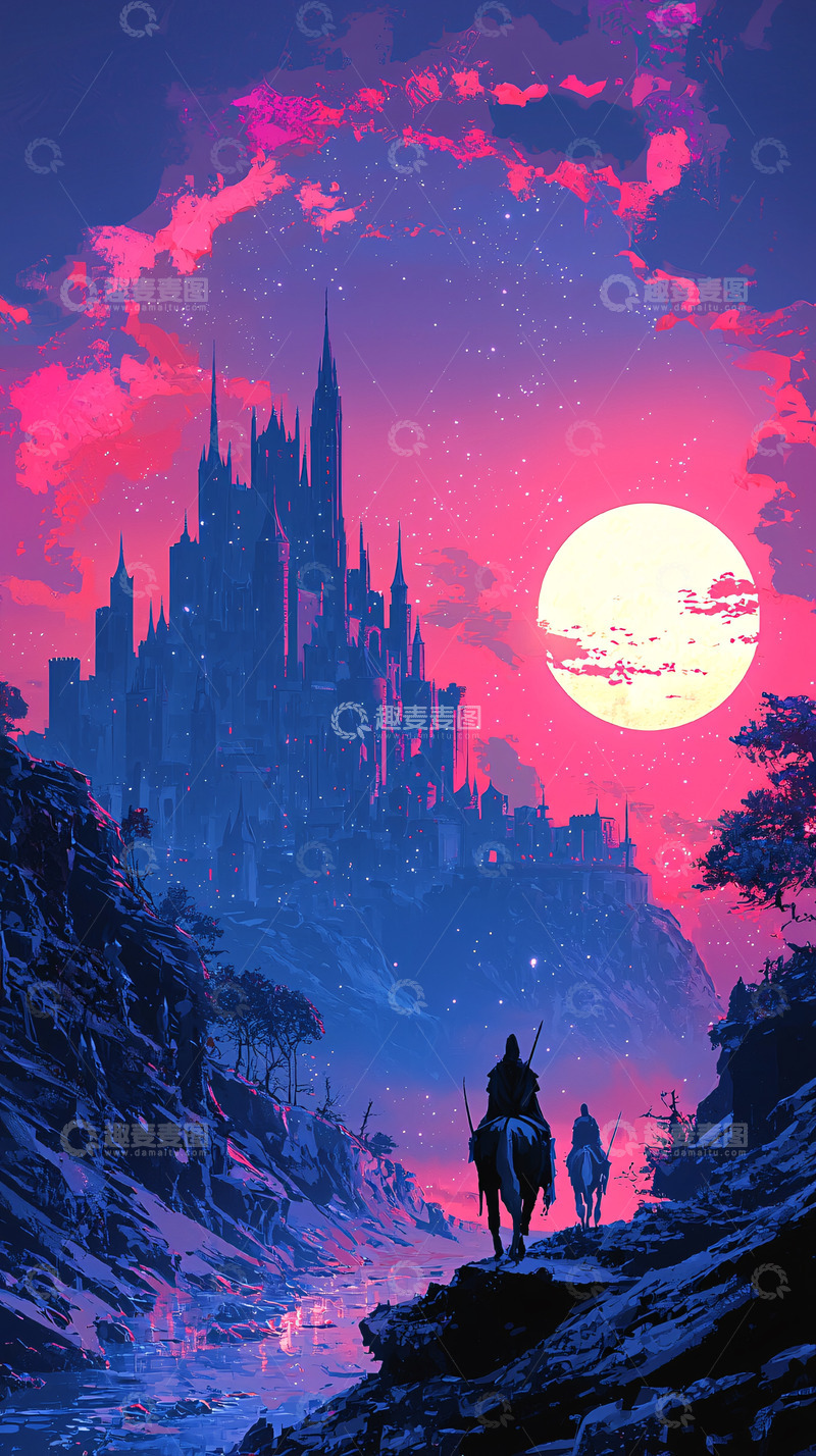 高清大图下载【趣麦麦图】粉色天空下的城堡