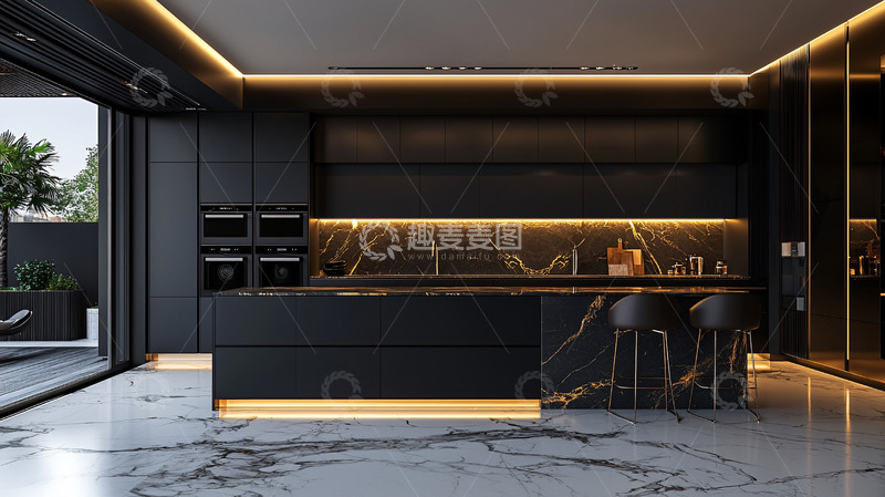 高清大图下载【趣麦麦图】现代黑色系奢华厨房