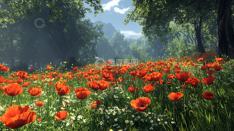 高清大图下载【趣麦麦图】阳光森林罂粟花田