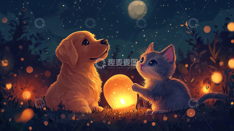 高清大图下载【趣麦麦图】狗狗猫咪星空夜景