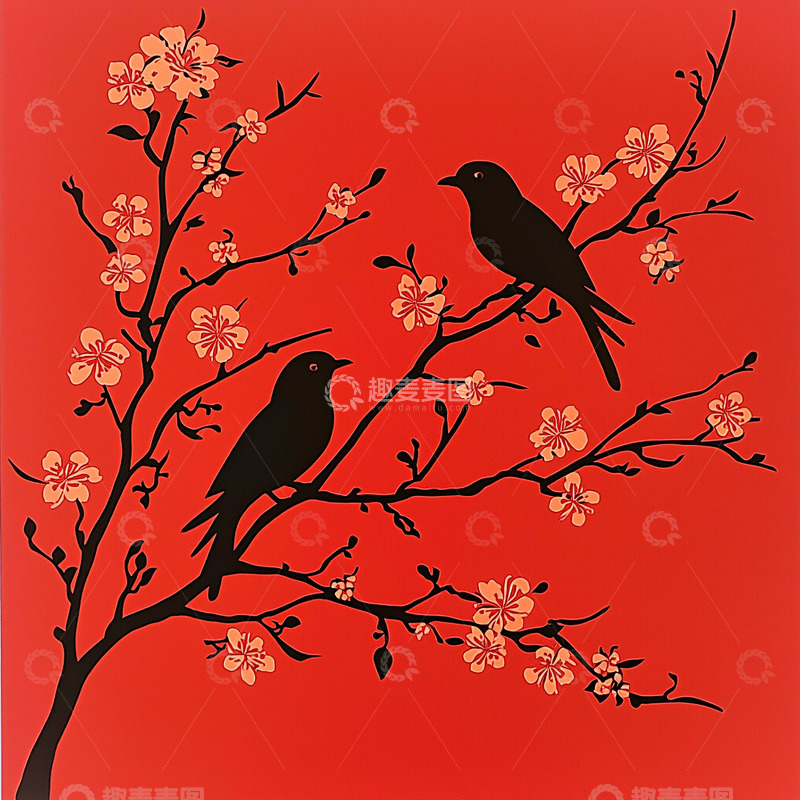 高清大图下载【趣麦麦图】红底黑鸟梅花枝