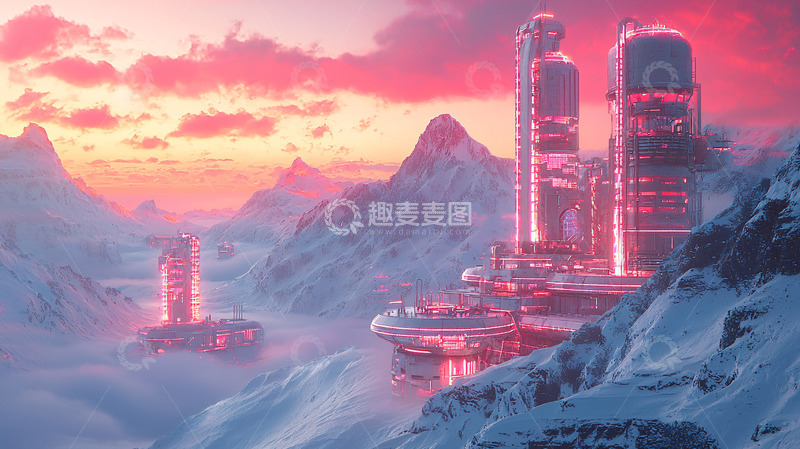 高清大图下载【趣麦麦图】粉色雪山未来城市