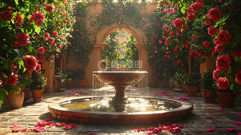 高清大图下载【趣麦麦图】玫瑰花环绕的庭院喷泉