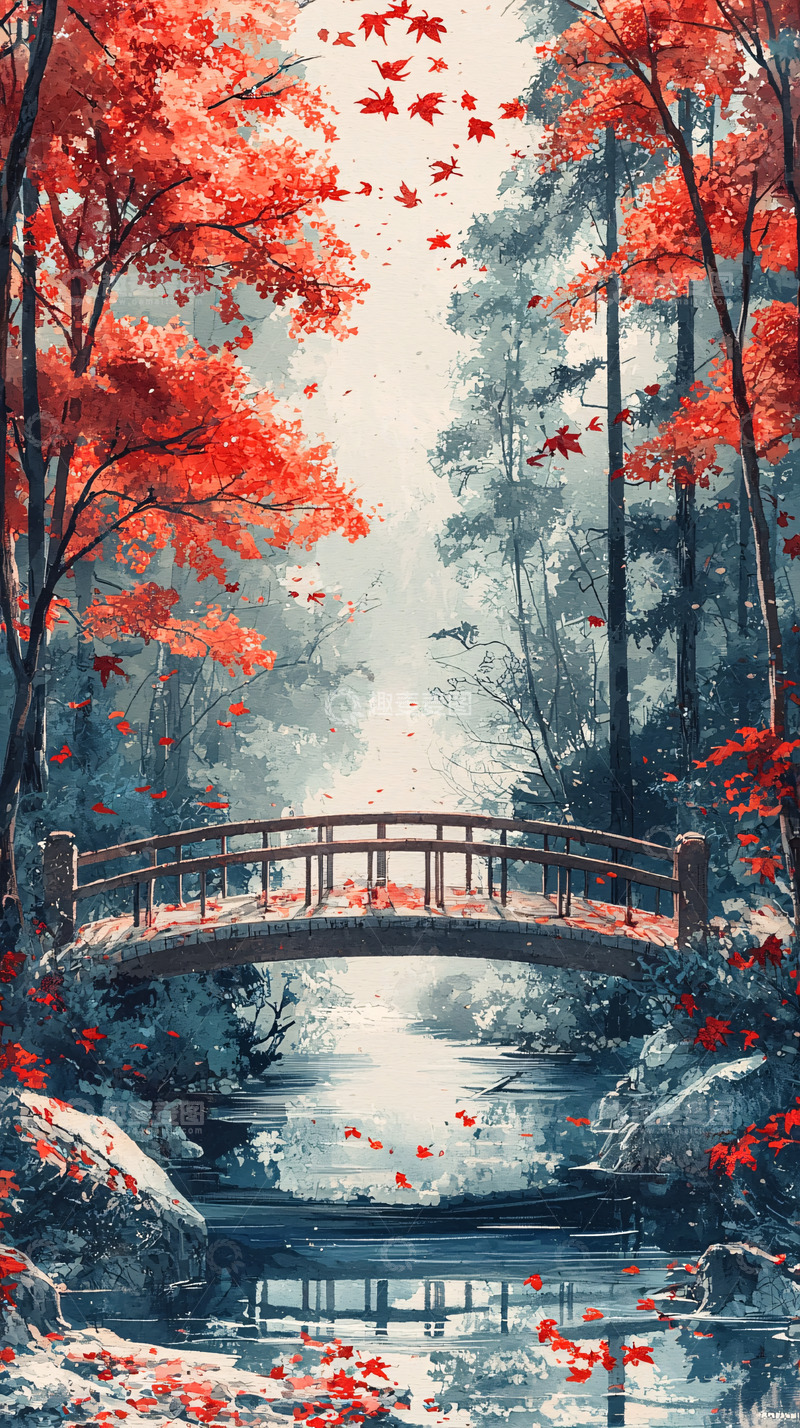 高清大图下载【趣麦麦图】红叶秋景小桥流水