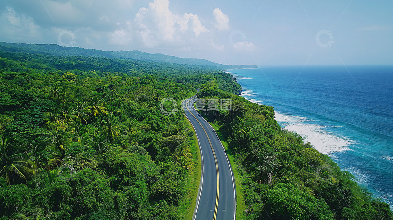 高清大图下载【趣麦麦图】海边公路与茂密森林相伴