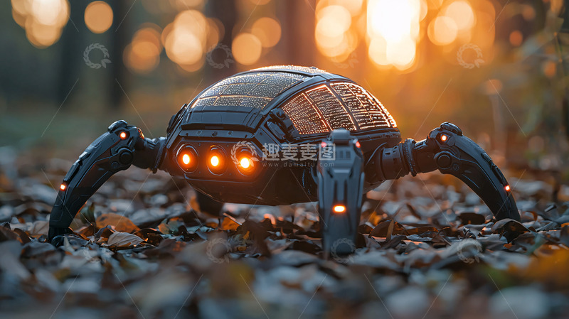 高清大图下载【趣麦麦图】森林背景下黑色蜘蛛机器人