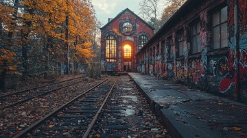 秋日废弃铁路旁的破败建筑