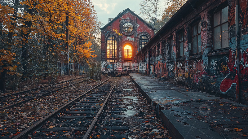 高清大图下载【趣麦麦图】秋日废弃铁路旁的破败建筑