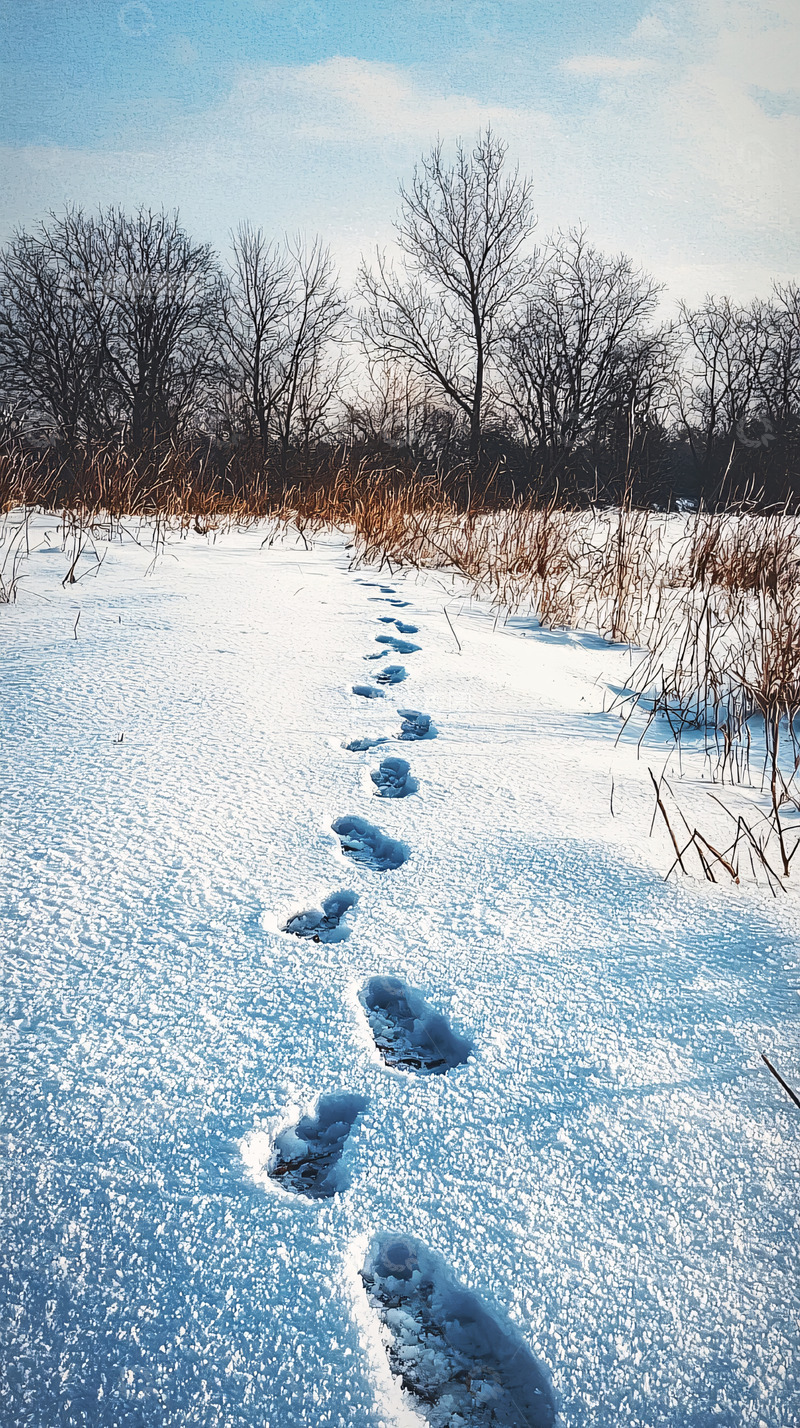 高清大图下载【趣麦麦图】雪地里的脚印
