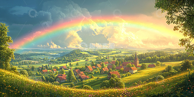 高清大图下载【趣麦麦图】彩虹下的田园小镇
