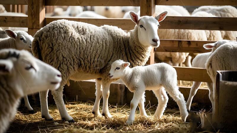 高清大图下载【趣麦麦图】围栏旁的绵羊与小羊羔