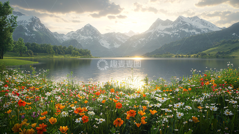 高清大图下载【趣麦麦图】阿尔卑斯山湖泊鲜花日落