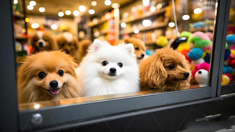 高清大图下载【趣麦麦图】橱窗里的可爱小狗