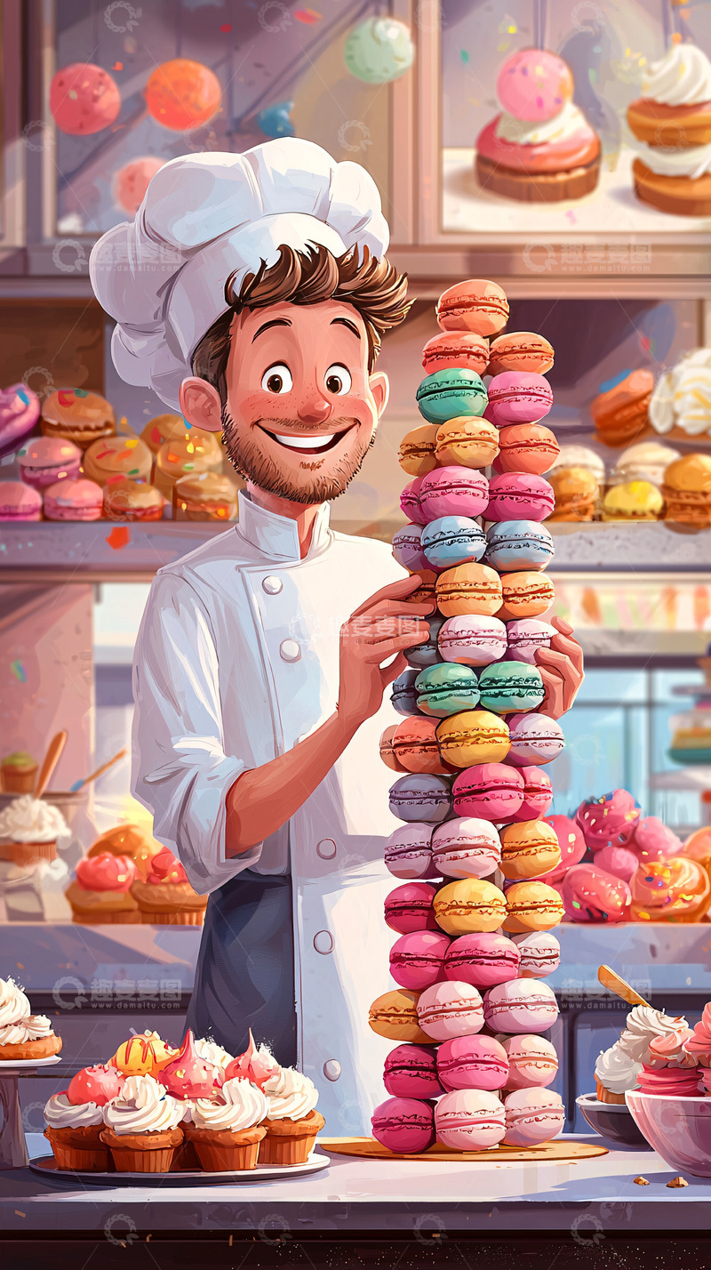 高清大图下载【趣麦麦图】烘焙师手捧马卡龙塔