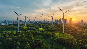 风力发电机田园城市日落