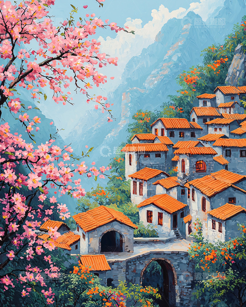 高清大图下载【趣麦麦图】山间桃花盛开的小村庄