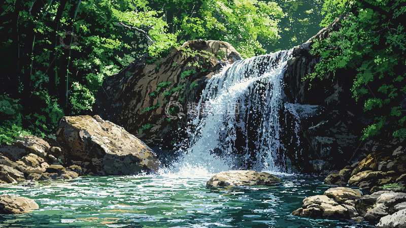 高清大图下载【趣麦麦图】森林中的瀑布