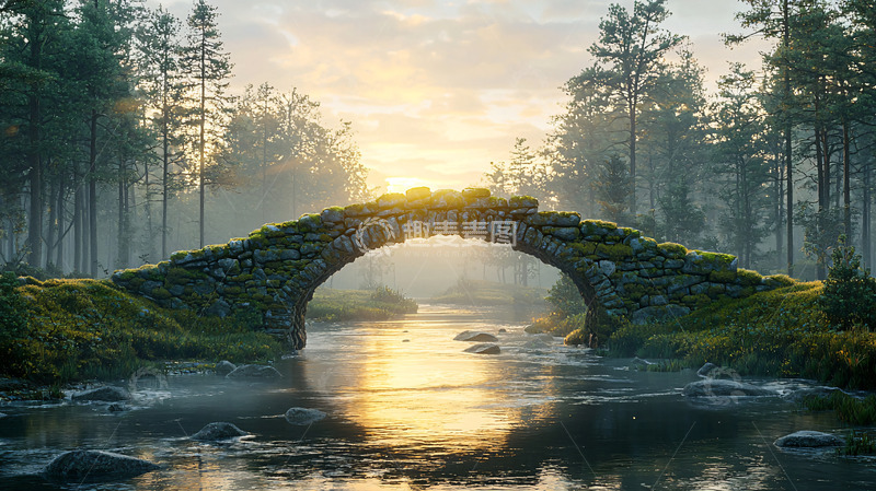 高清大图下载【趣麦麦图】清晨森林石桥