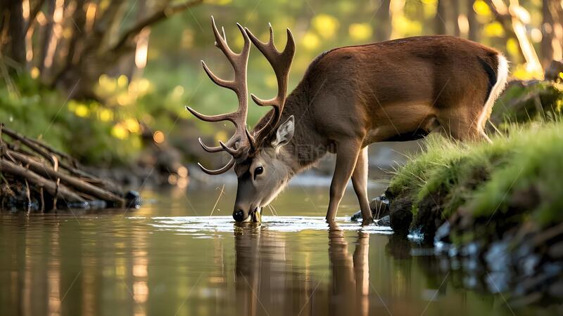 高清大图下载【趣麦麦图】-溪边饮水的驼鹿