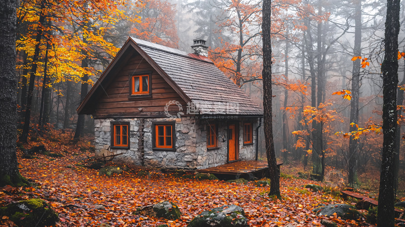 高清大图下载【趣麦麦图】秋日森林里的小木屋
