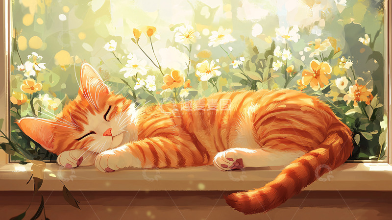 高清大图下载【趣麦麦图】-窗边熟睡的橘猫