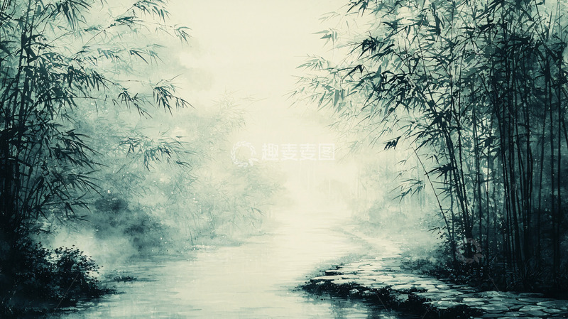 高清大图下载【趣麦麦图】水墨竹林溪流