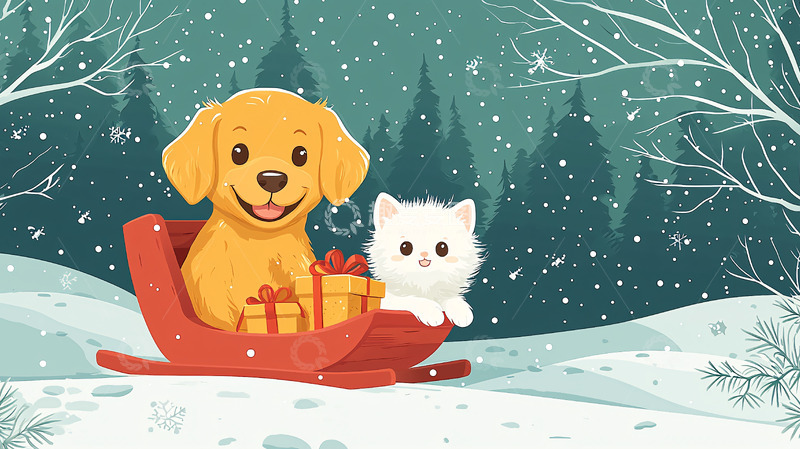 高清大图下载【趣麦麦图】圣诞狗狗猫咪雪橇