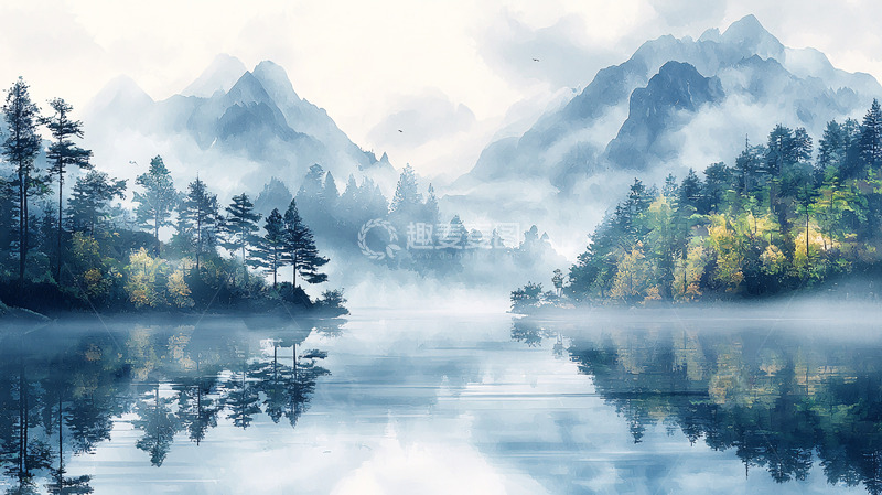 高清大图下载【趣麦麦图】雾气朦胧山湖景色