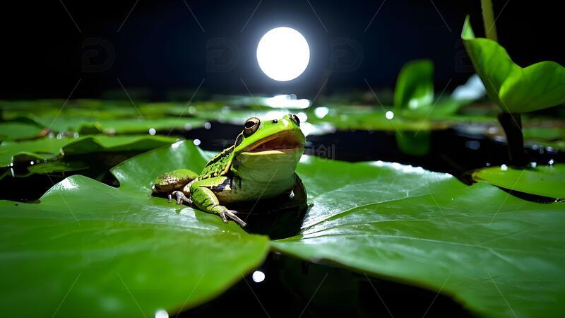 高清大图下载【趣麦麦图】月夜荷叶上的青蛙