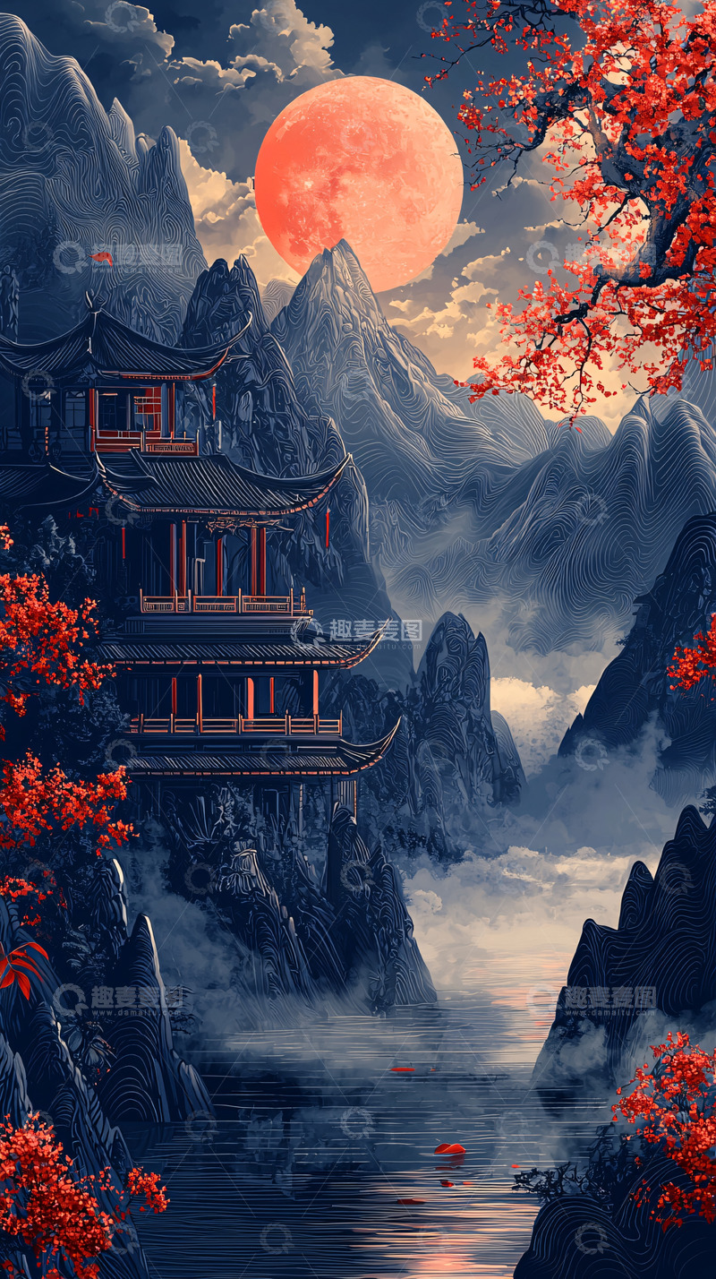 高清大图下载【趣麦麦图】月夜下的古风楼阁山水