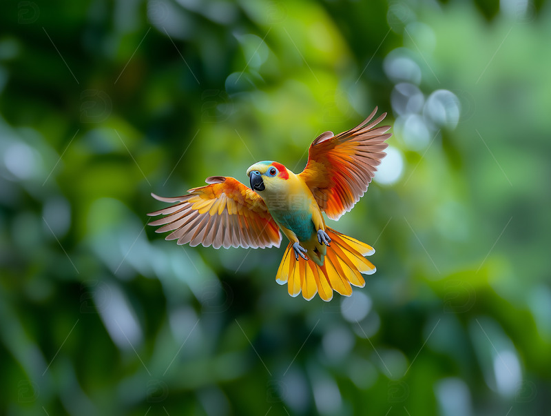高清大图下载【趣麦麦图】林间飞翔的太阳锥尾鹦鹉图