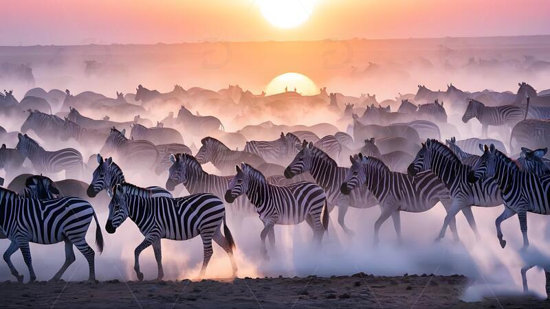 高清大图下载【趣麦麦图】夕阳下草原上的斑马群