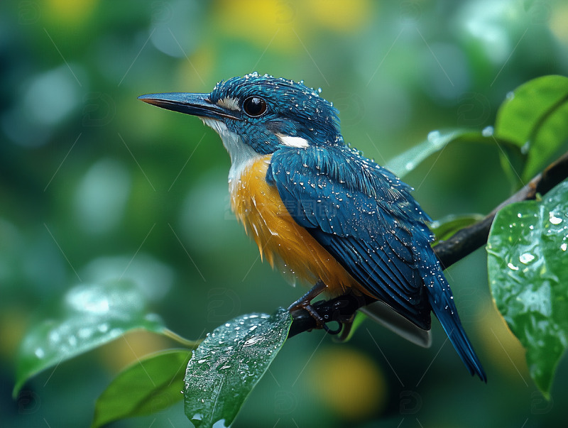 高清大图下载【趣麦麦图】雨后枝头的蓝色翠鸟栖息图