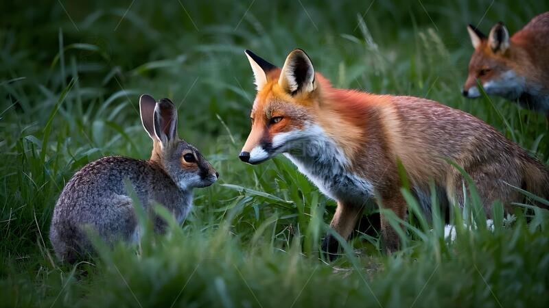 高清大图下载【趣麦麦图】草丛中对峙的狐狸与野兔