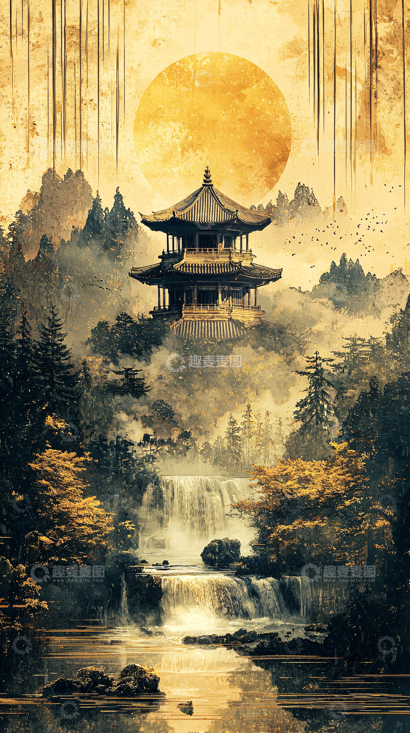 高清大图下载【趣麦麦图】金色夕阳下的中式楼阁