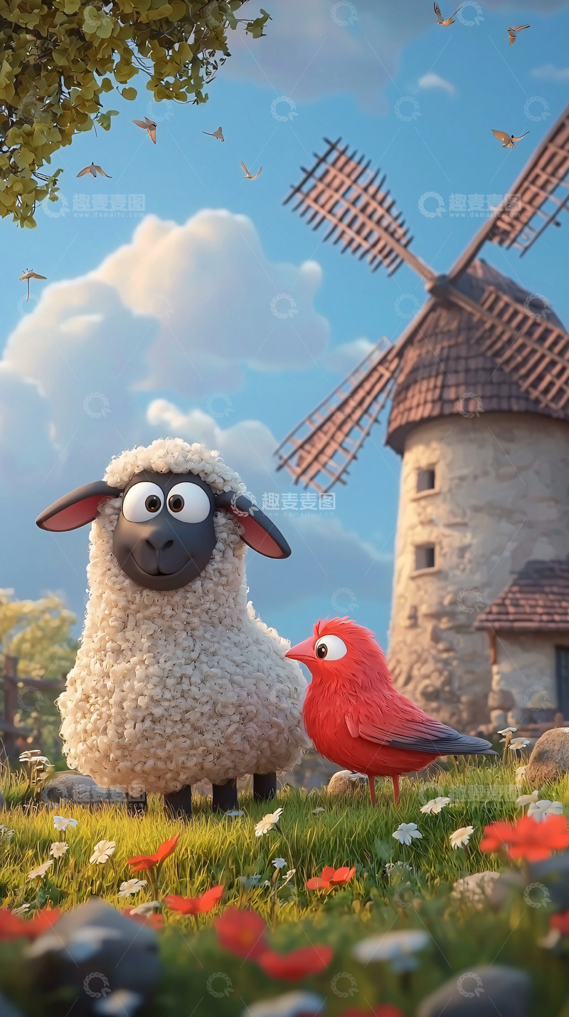 高清大图下载【趣麦麦图】卡通绵羊与小鸟