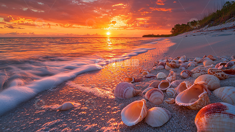 高清大图下载【趣麦麦图】日落海滩贝壳