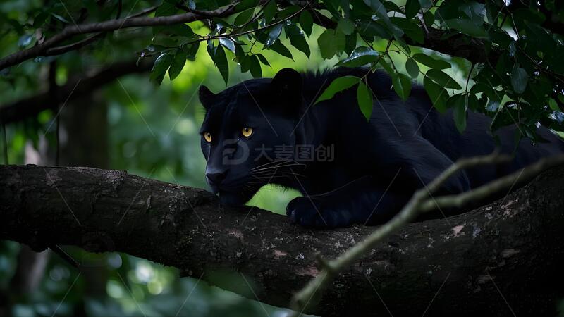 高清大图下载【趣麦麦图】树林中潜伏的黑豹