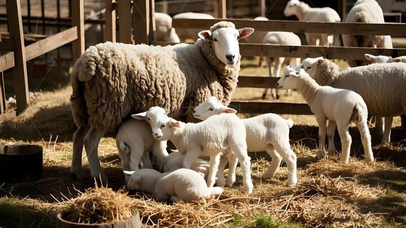 高清大图下载【趣麦麦图】围栏内的绵羊与新生羊羔