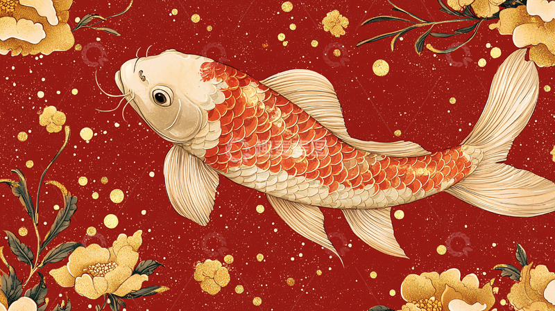 高清大图下载【趣麦麦图】红底金鱼花卉图案