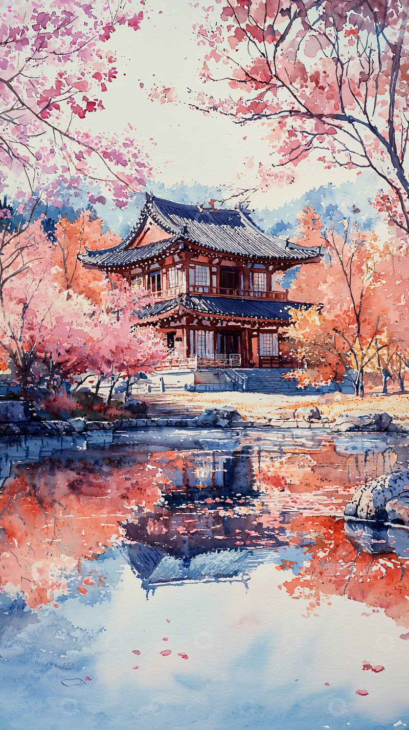 高清大图下载【趣麦麦图】樱花下的日式寺庙水面倒影
