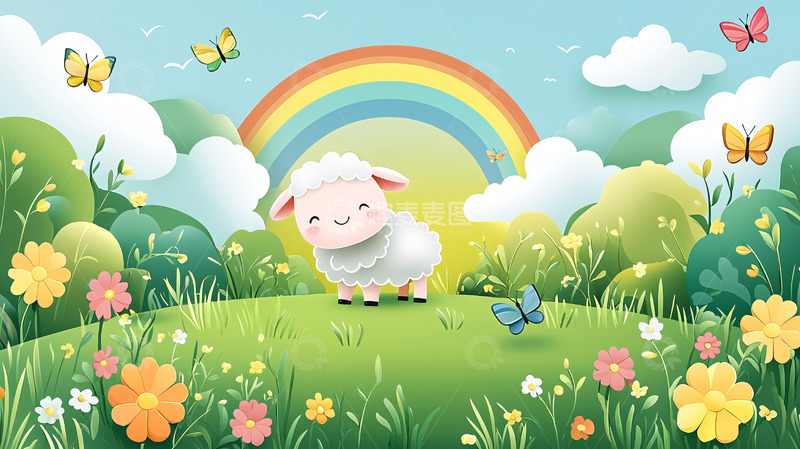 高清大图下载【趣麦麦图】彩虹下的小绵羊
