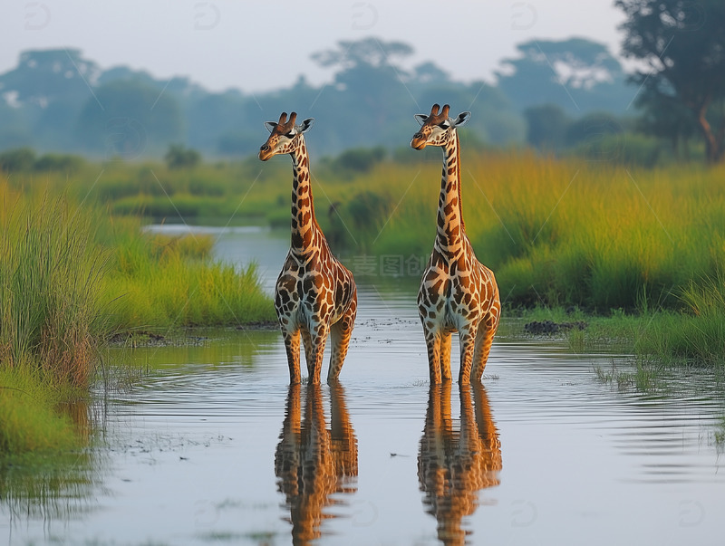 高清大图下载【趣麦麦图】水域中站立的长颈鹿倒影