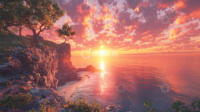 高清大图下载【趣麦麦图】海边悬崖日落景色