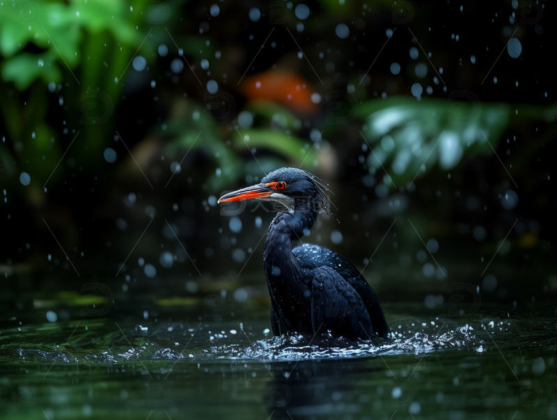 高清大图下载【趣麦麦图】雨中涉水的黑鹭场景图