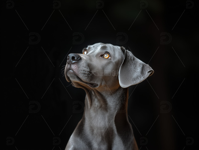 高清大图下载【趣麦麦图】黑色背景中仰望的威玛猎犬特写