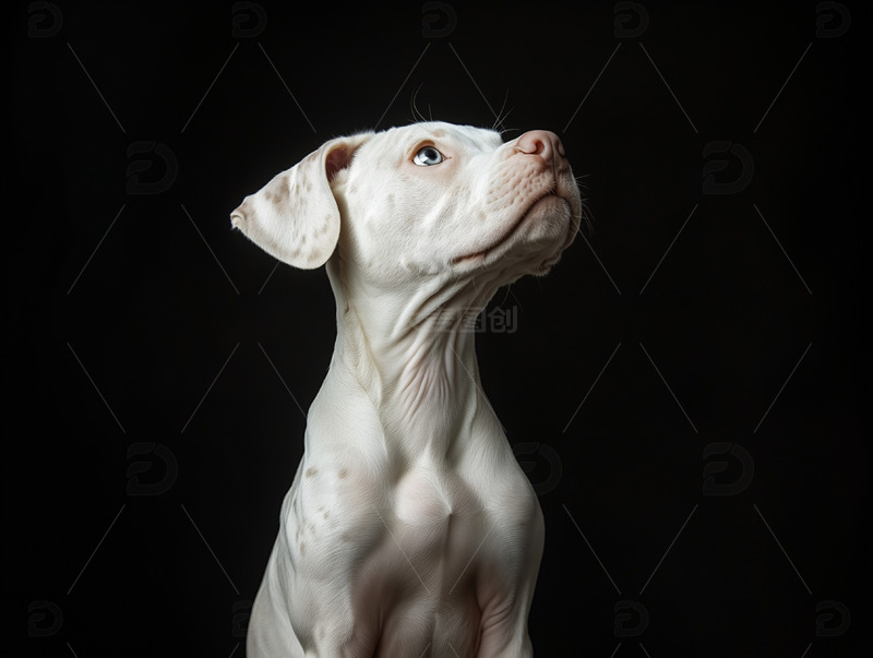高清大图下载【趣麦麦图】黑色背景下抬头的白色幼犬肖像