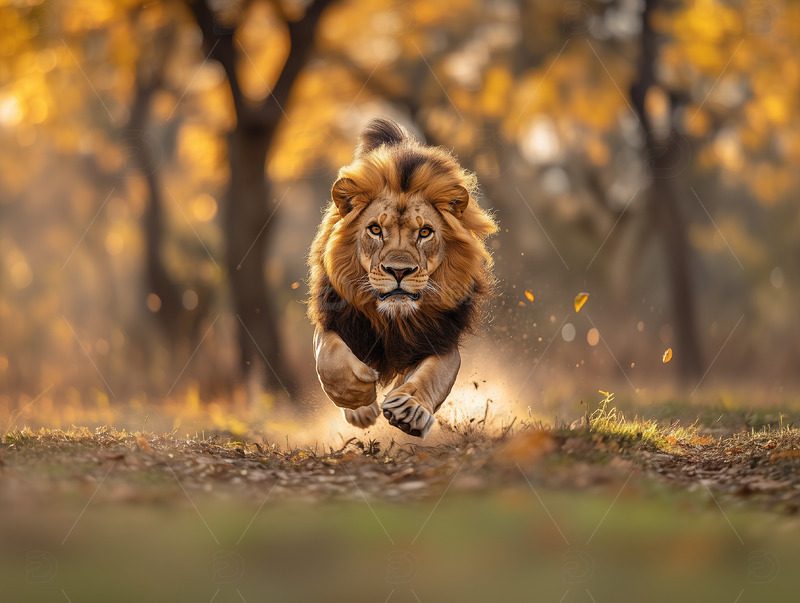 高清大图下载【趣麦麦图】秋日树林中奔跑的雄狮动态摄影