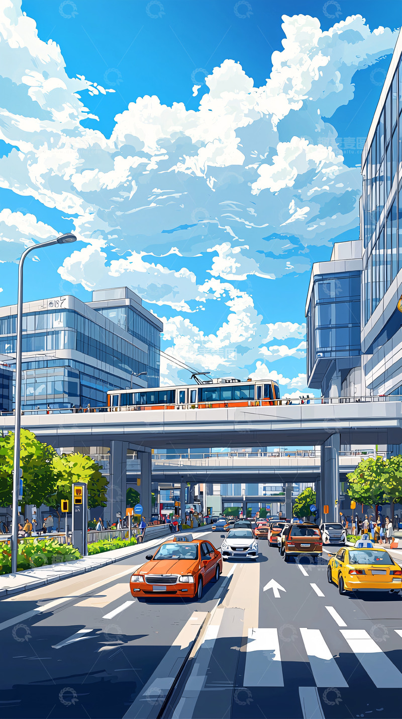 高清大图下载【趣麦麦图】城市街道卡通画风