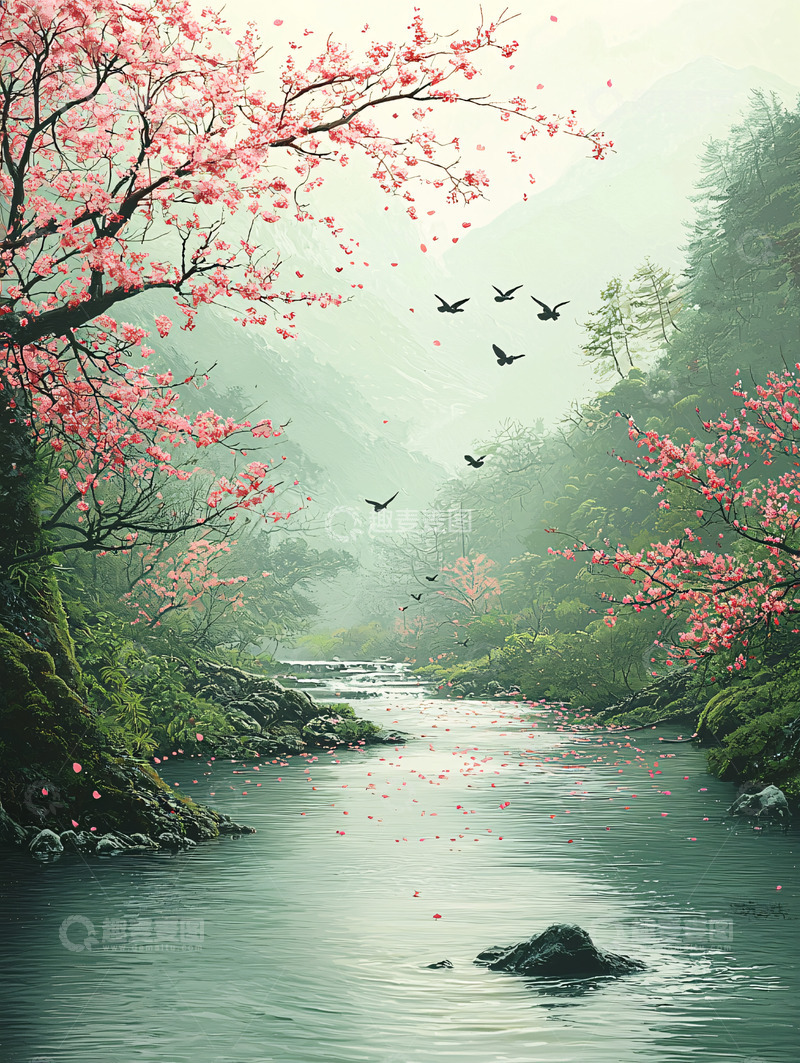 高清大图下载【趣麦麦图】春日樱花溪流飞鸟风景图